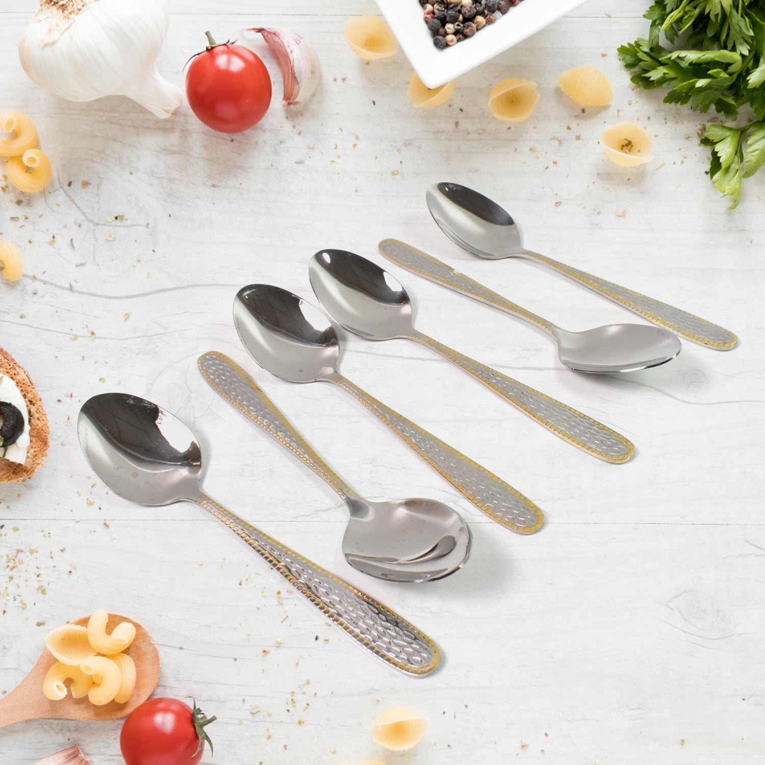 Stainless Steel Gold Bordered Textured Spoons Gold Plated Handle Set of 6 Pc Stainless Steel Gold Bordered Textured Spoons Gold Plated Handle Set of 6 Pc